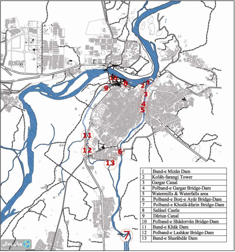 جانمایی بخش‌های اصلی در سازه‌های آبی شوشتر