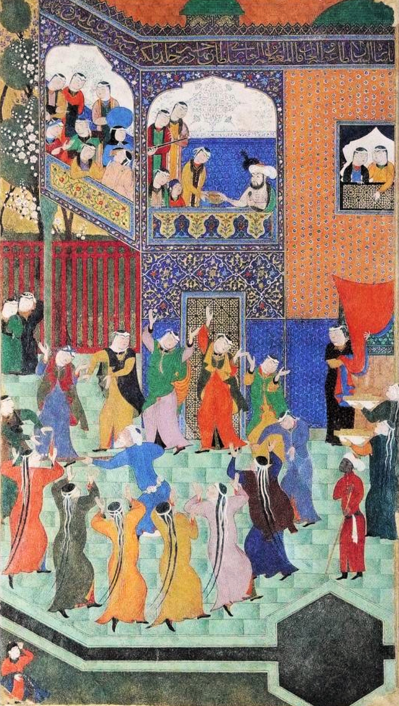 جشن باران آبانگاه - حرمسرای سلطان حسین میرزا بایقرا، نقاشی شاه مظفر، هرات - دیوان امیرخسرو دهلوی