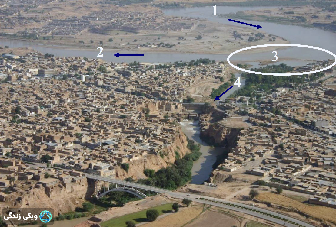 نمایی از موقعیت سازه‌های آبی در شهر شوشتر