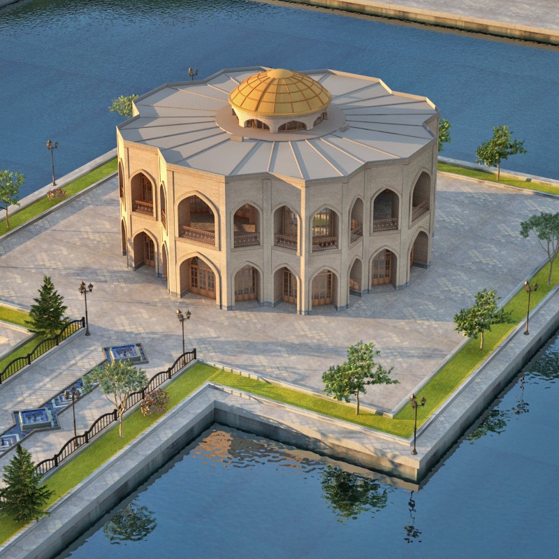 عمارت هشت‌ضلعی کلاه‌فرنگی وسط دریاچه ائل‌گلی