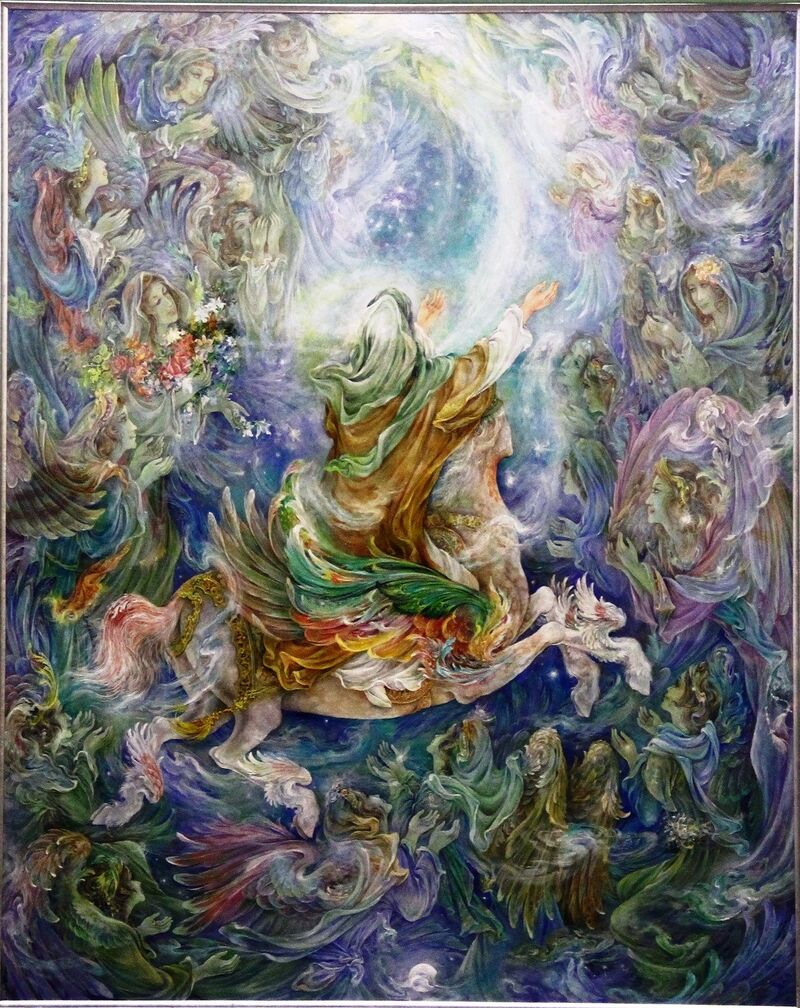 تابلوی معراج پیامبر اثر محمود فرشچیان. کشیدن آن حدود یک سال و نیم طول کشیده است. اهدا شده به موزه آستان قدس رضوی