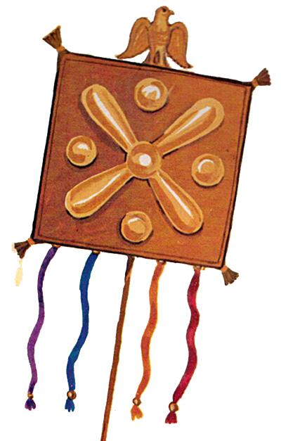 درفش کاویانی بازسازی‌شده، چرمی با چهار نوار رنگی سرخ، زرد، کبود و بنفش آویخته از آن